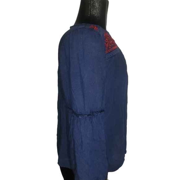 Solitaire Blue Long Sleeve Boho Chic Top With Red Floral Embroidered Detailing S - Picture 4 of 7